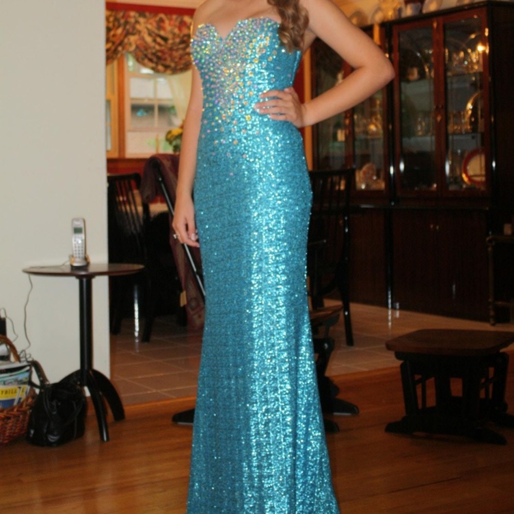 La Femme Turquoise Sequin Strapless Mermaid Prom Dress